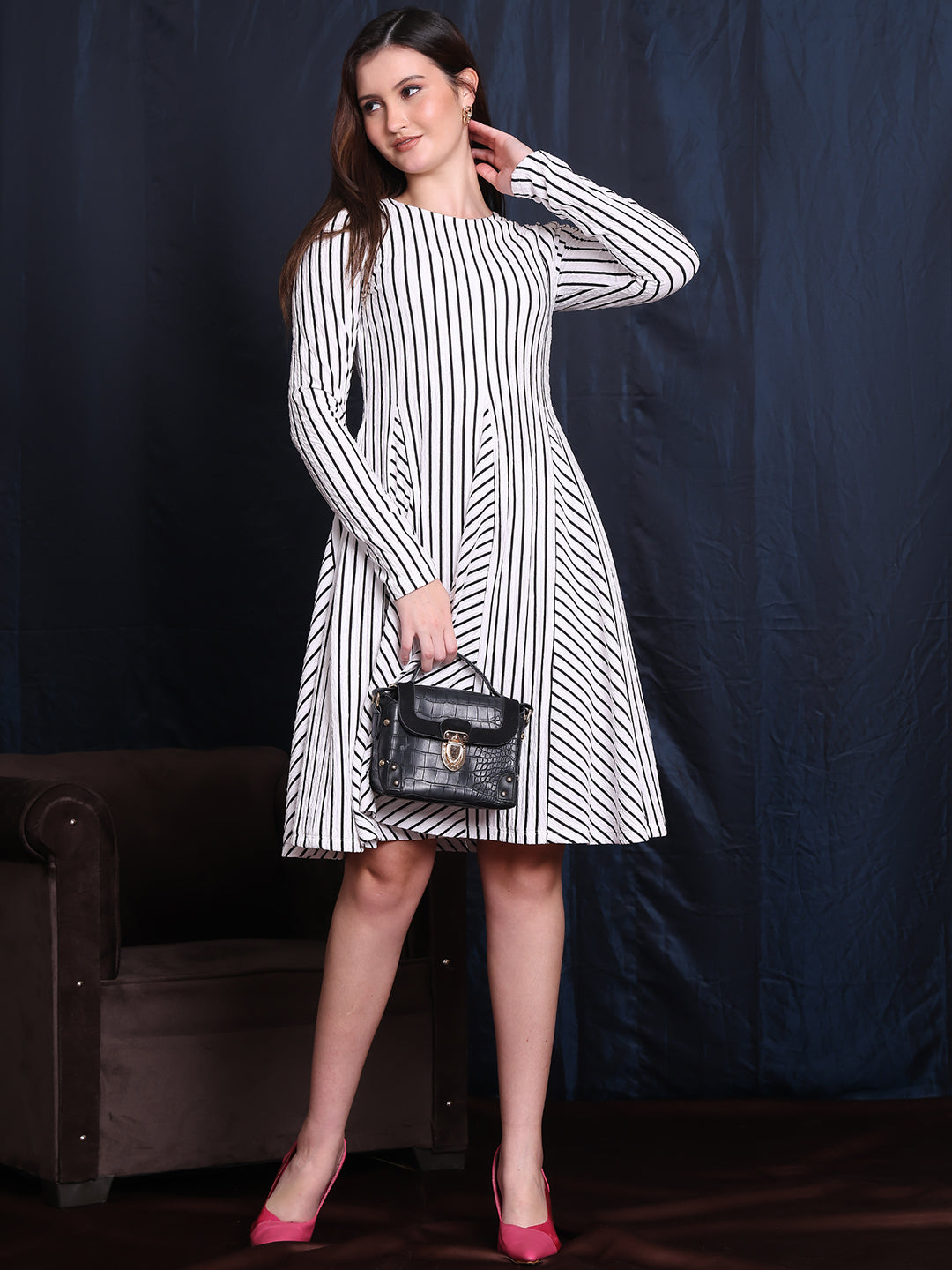 White-Spandex-A-Line-Unique-Paneled-Skirt-Detailing-Dress-