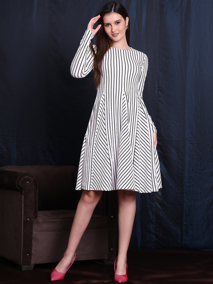 White-Spandex-A-Line-Unique-Paneled-Skirt-Detailing-Dress-