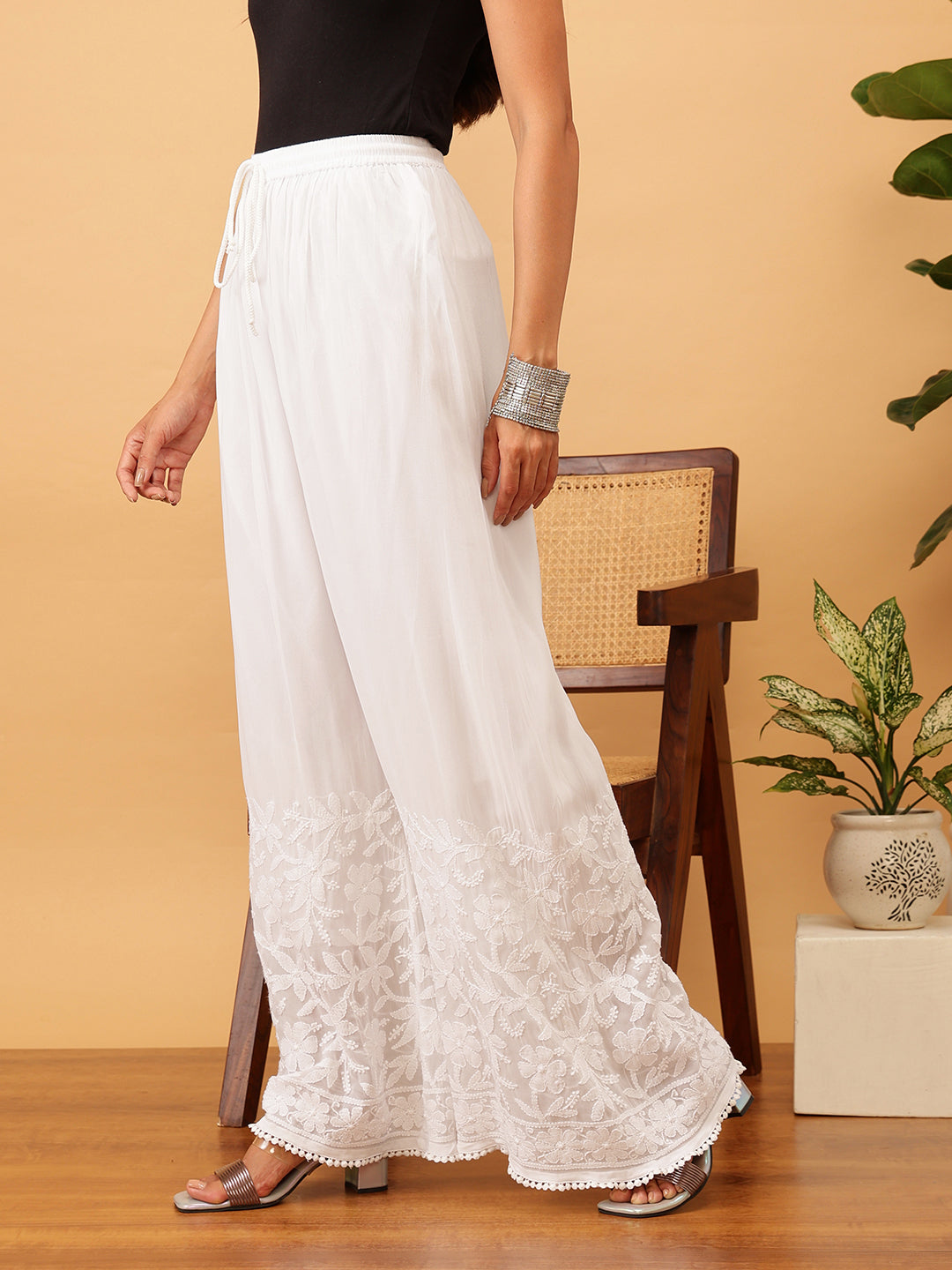 White Georgette 100% OG Chikankari Palazzos