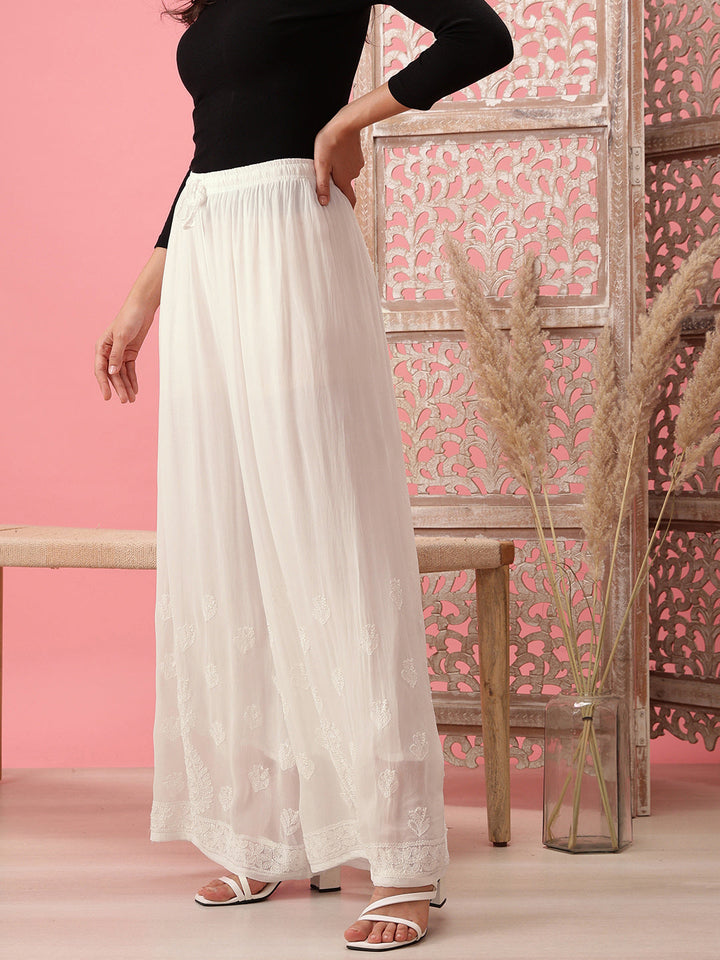 White Georgette 100% OG Chikankari Flared Palazzos
