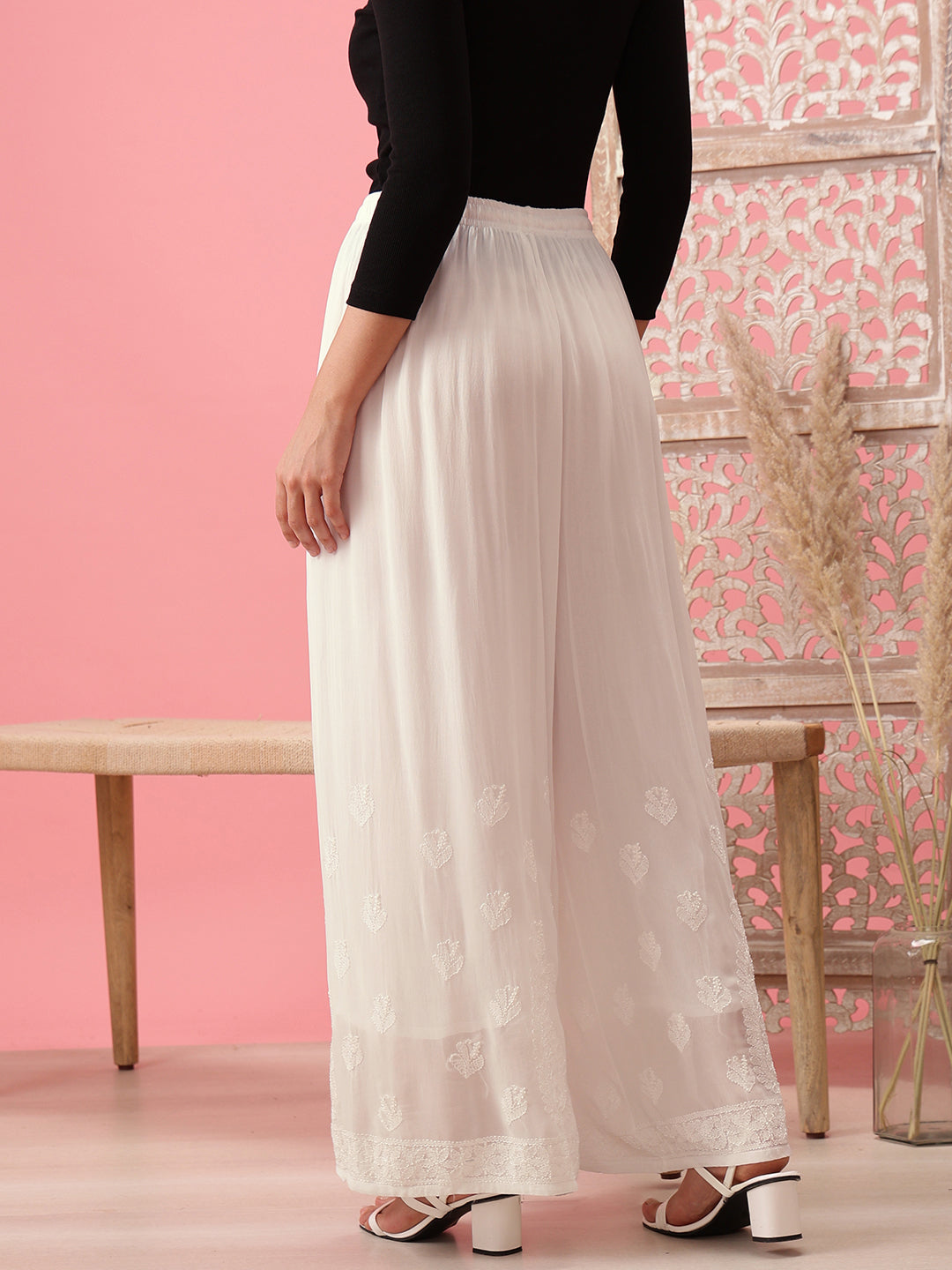 White Georgette 100% OG Chikankari Flared Palazzos