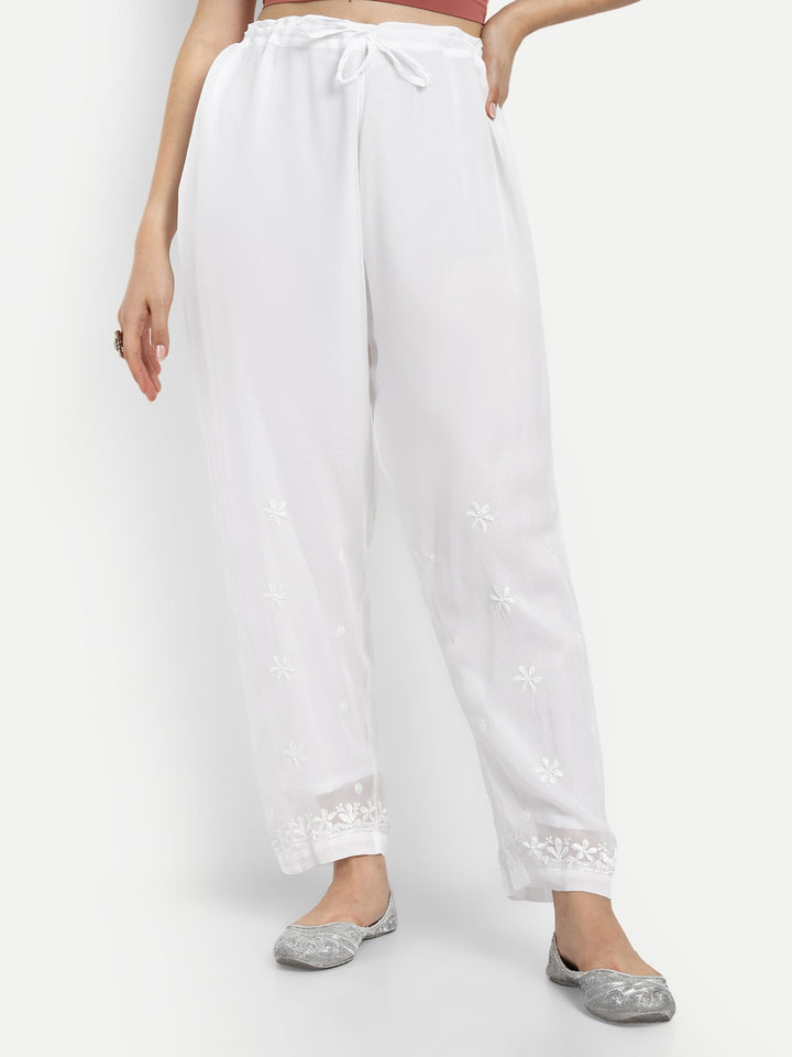 White Viscose Georgette Chikankari Palazzos