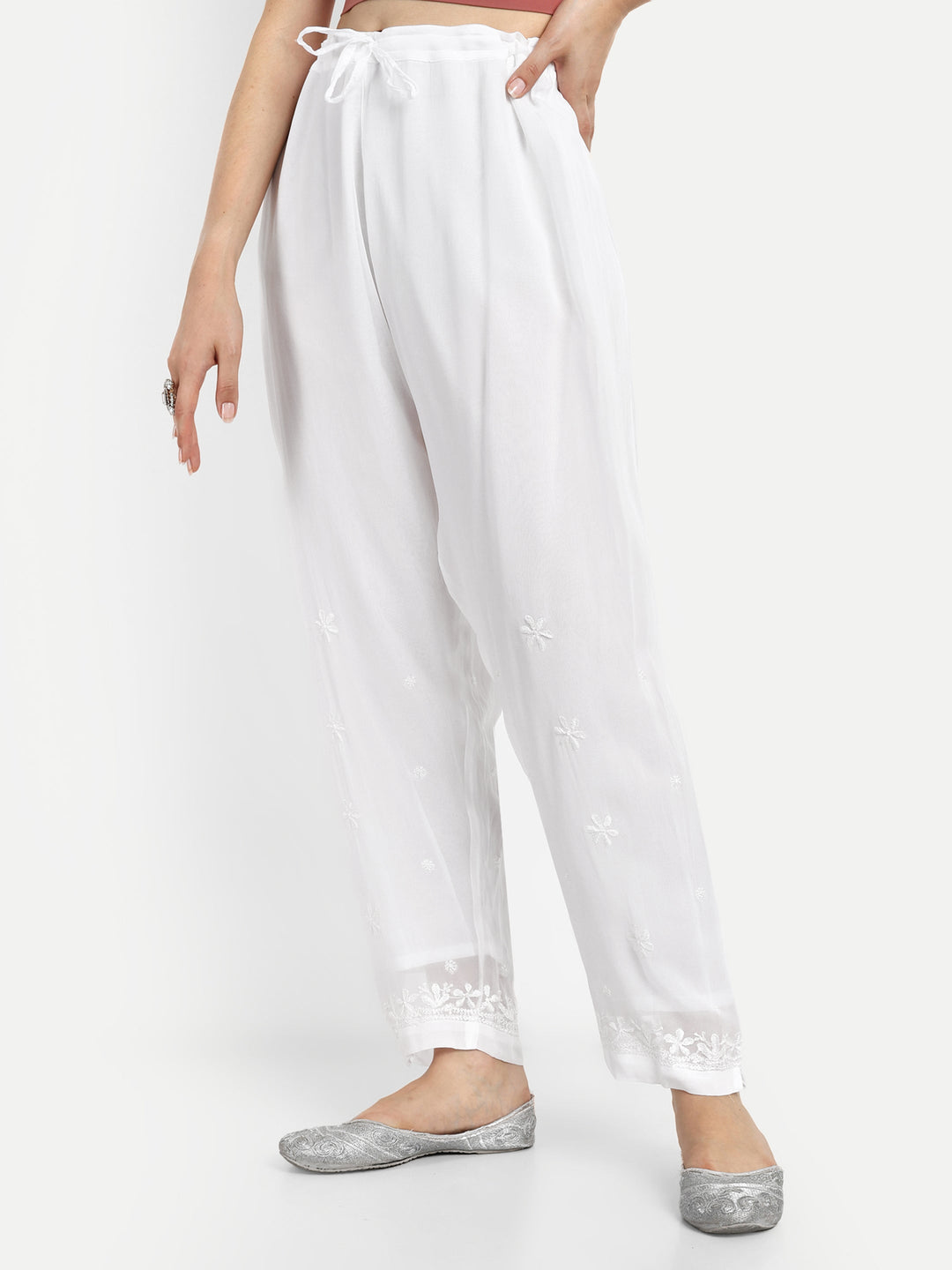 White Viscose Georgette Chikankari Palazzos