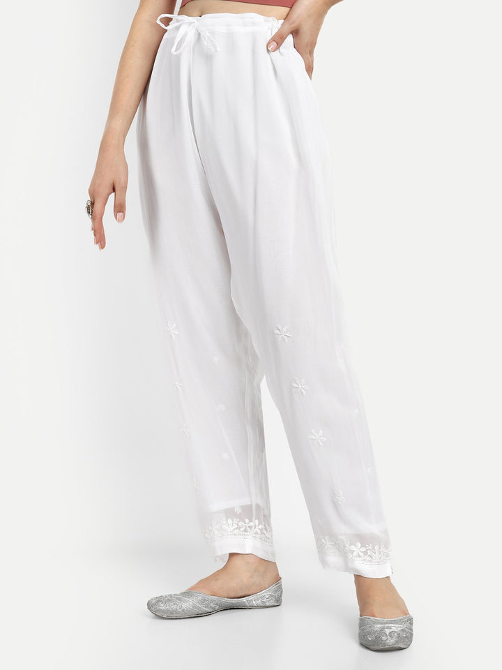 White Viscose Georgette Chikankari Palazzos