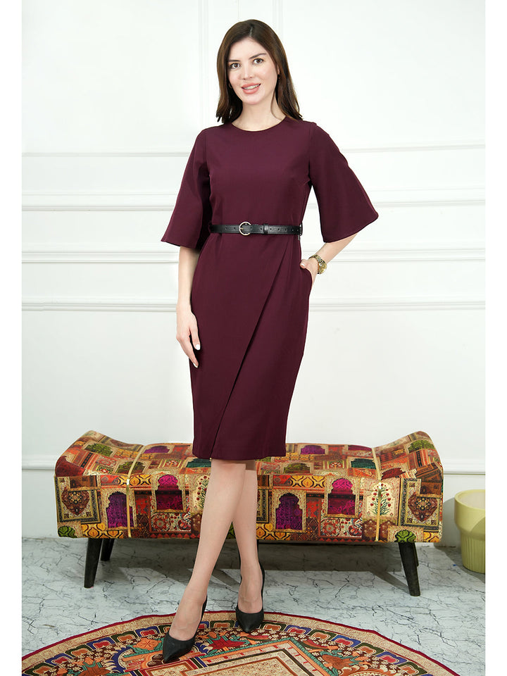 Wine-Blended-Fabric-Bliss-Bell-Sleeve-Dress-With-Belt