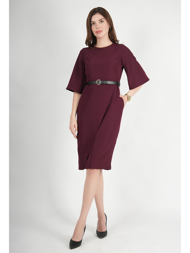 Wine-Blended-Fabric-Bliss-Bell-Sleeve-Dress-With-Belt