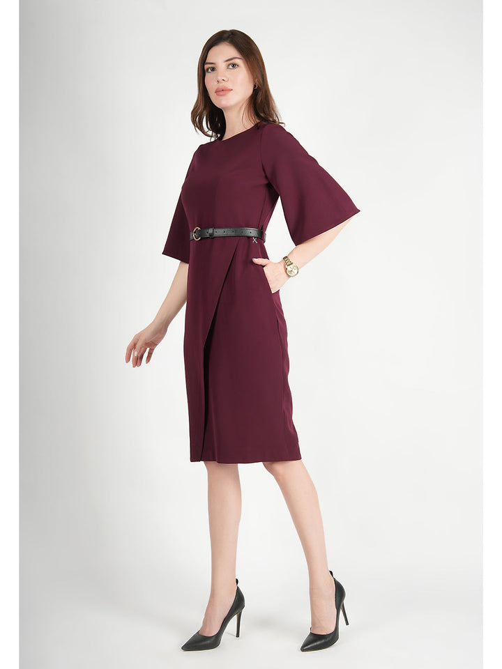 Wine-Blended-Fabric-Bliss-Bell-Sleeve-Dress-With-Belt