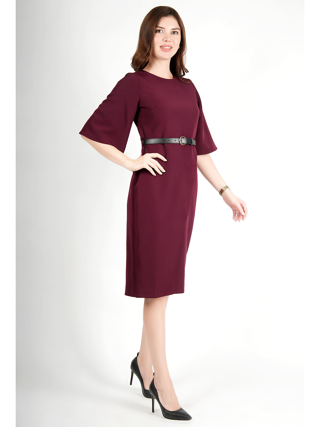 Wine-Blended-Fabric-Bliss-Bell-Sleeve-Dress-With-Belt