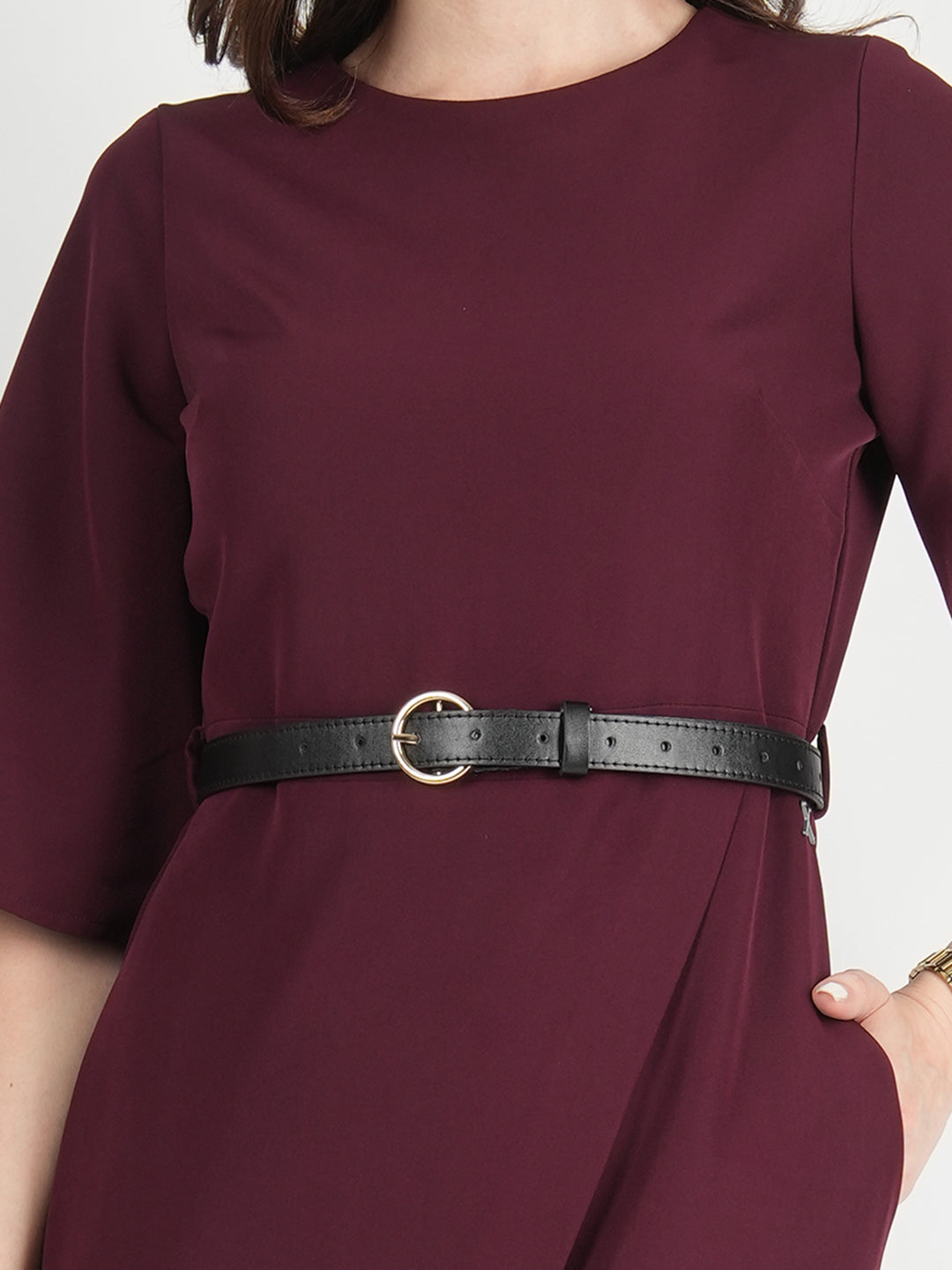 Wine-Blended-Fabric-Bliss-Bell-Sleeve-Dress-With-Belt