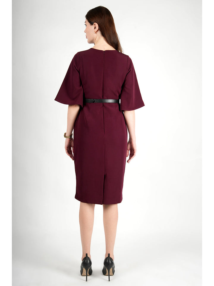 Wine-Blended-Fabric-Bliss-Bell-Sleeve-Dress-With-Belt