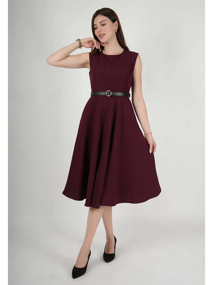 Wine-Blended-Fabric-Warmth-Fit-&-Flare-Dress-With-Belt