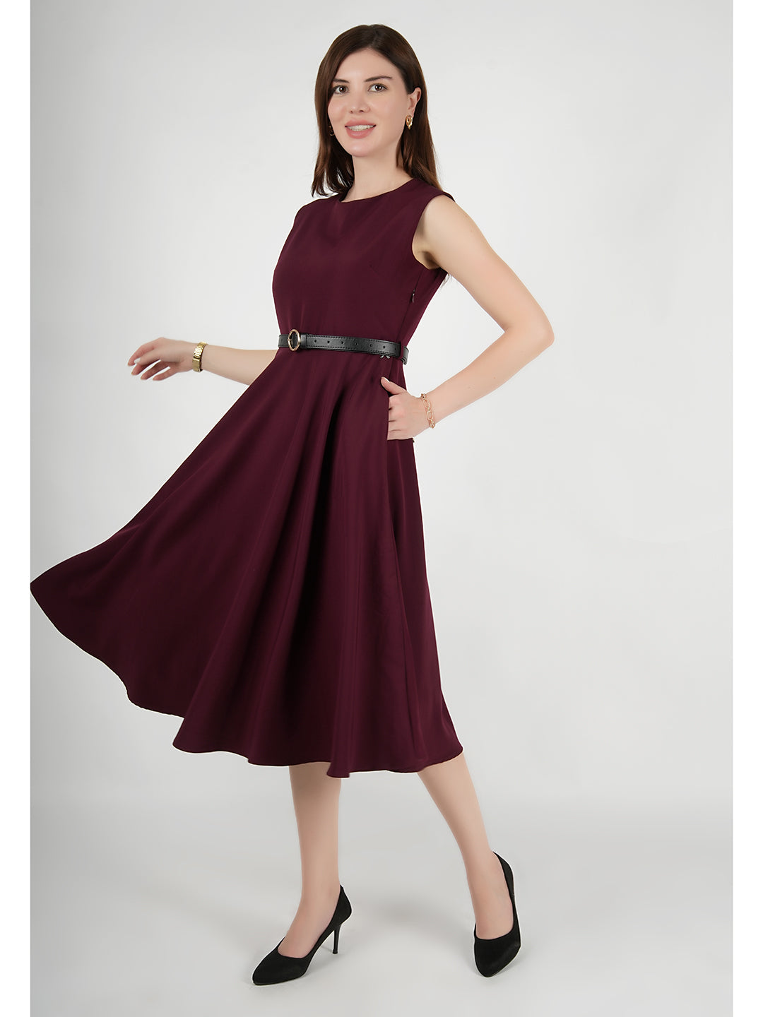 Wine-Blended-Fabric-Warmth-Fit-&-Flare-Dress-With-Belt