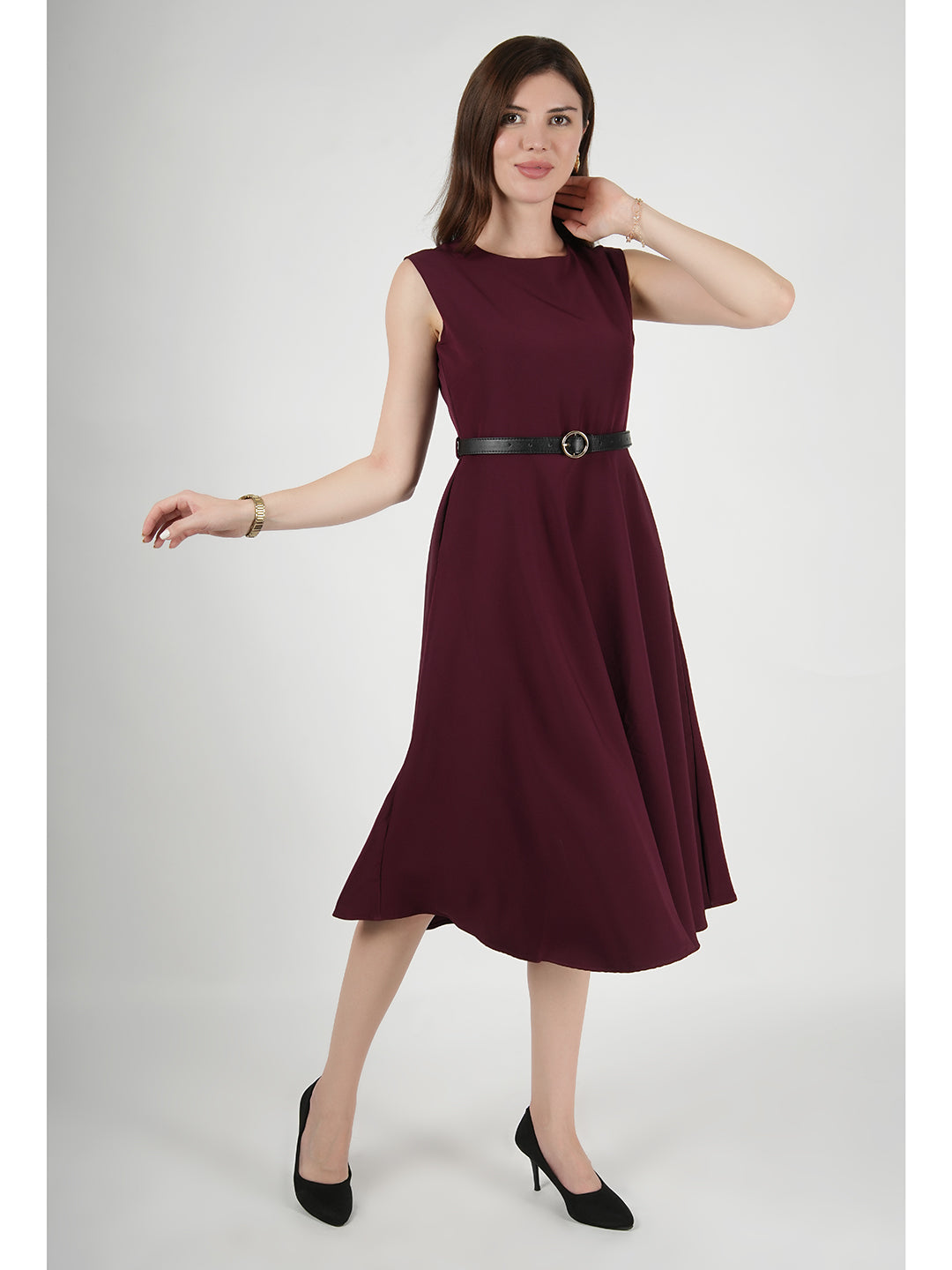 Wine-Blended-Fabric-Warmth-Fit-&-Flare-Dress-With-Belt