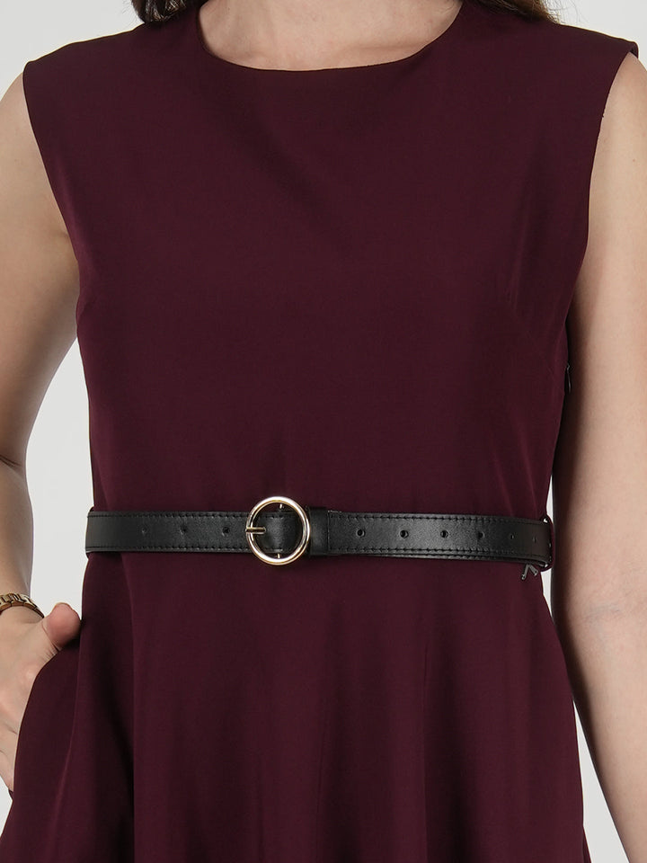 Wine-Blended-Fabric-Warmth-Fit-&-Flare-Dress-With-Belt