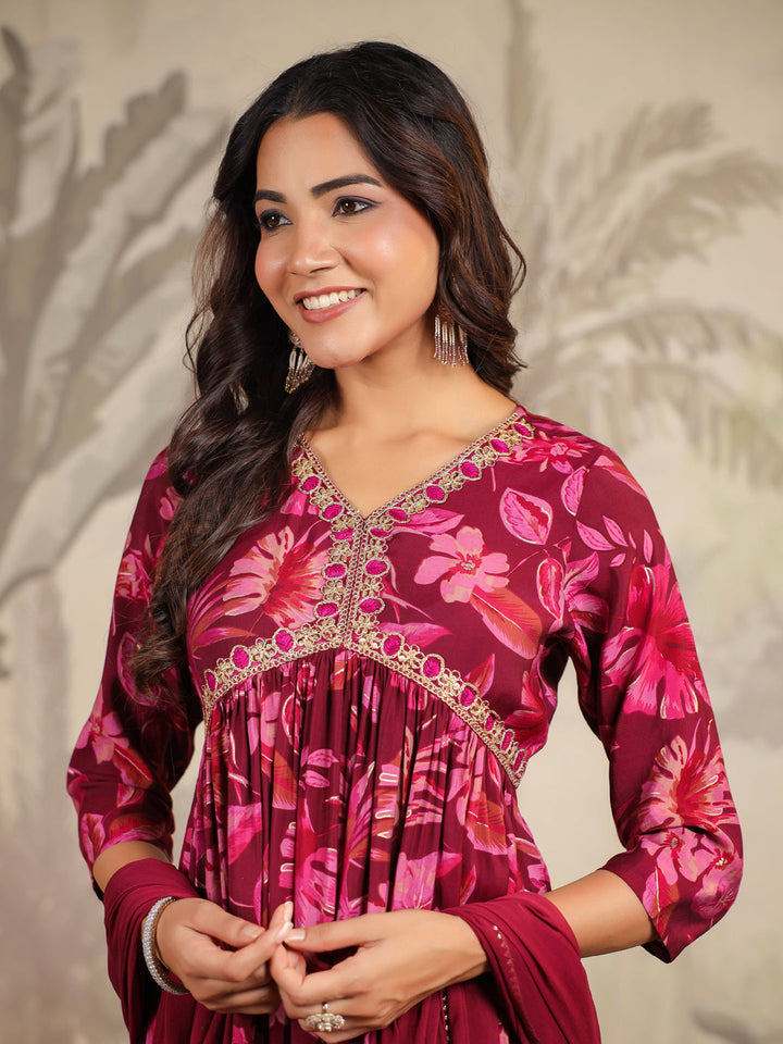 Wine Chanderi All-Over Floral A-Line Kurta Set