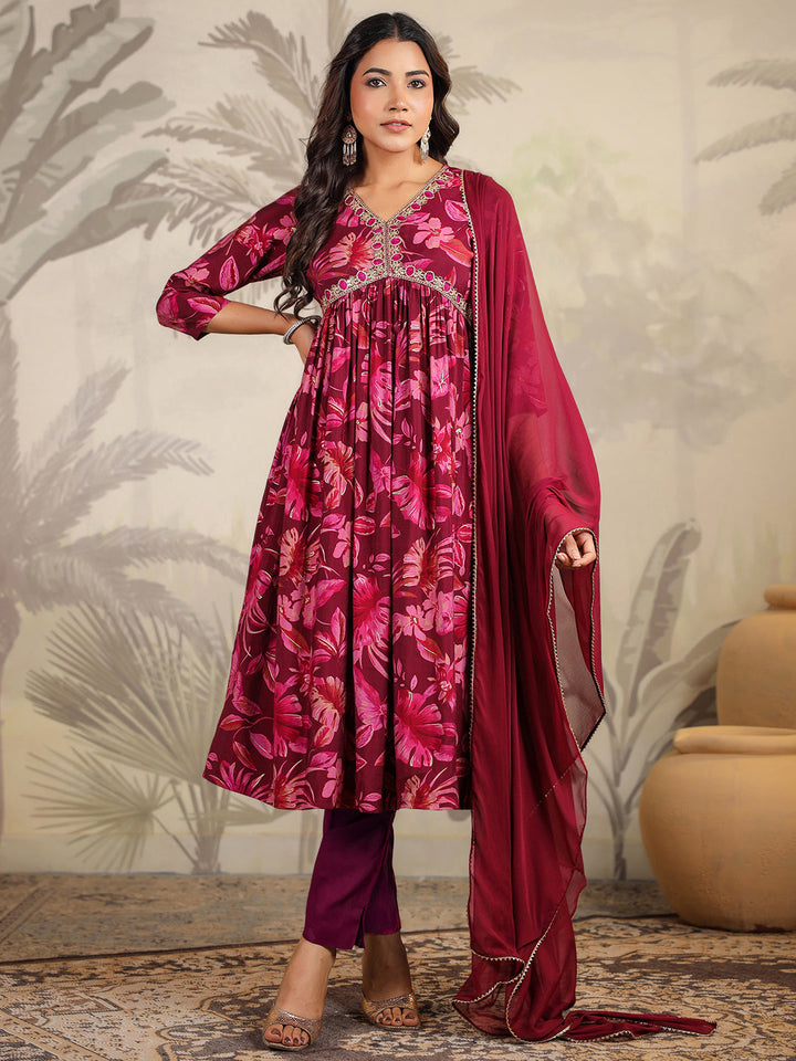 Wine Chanderi All-Over Floral A-Line Kurta Set