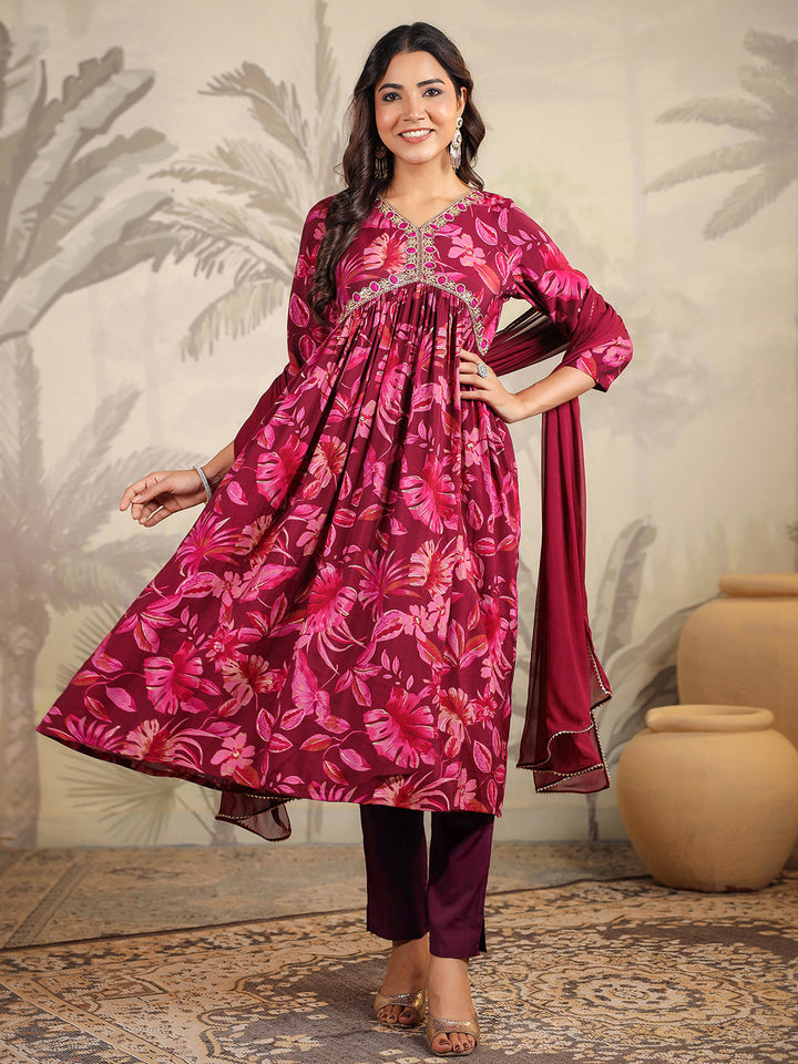 Wine Chanderi All-Over Floral A-Line Kurta Set