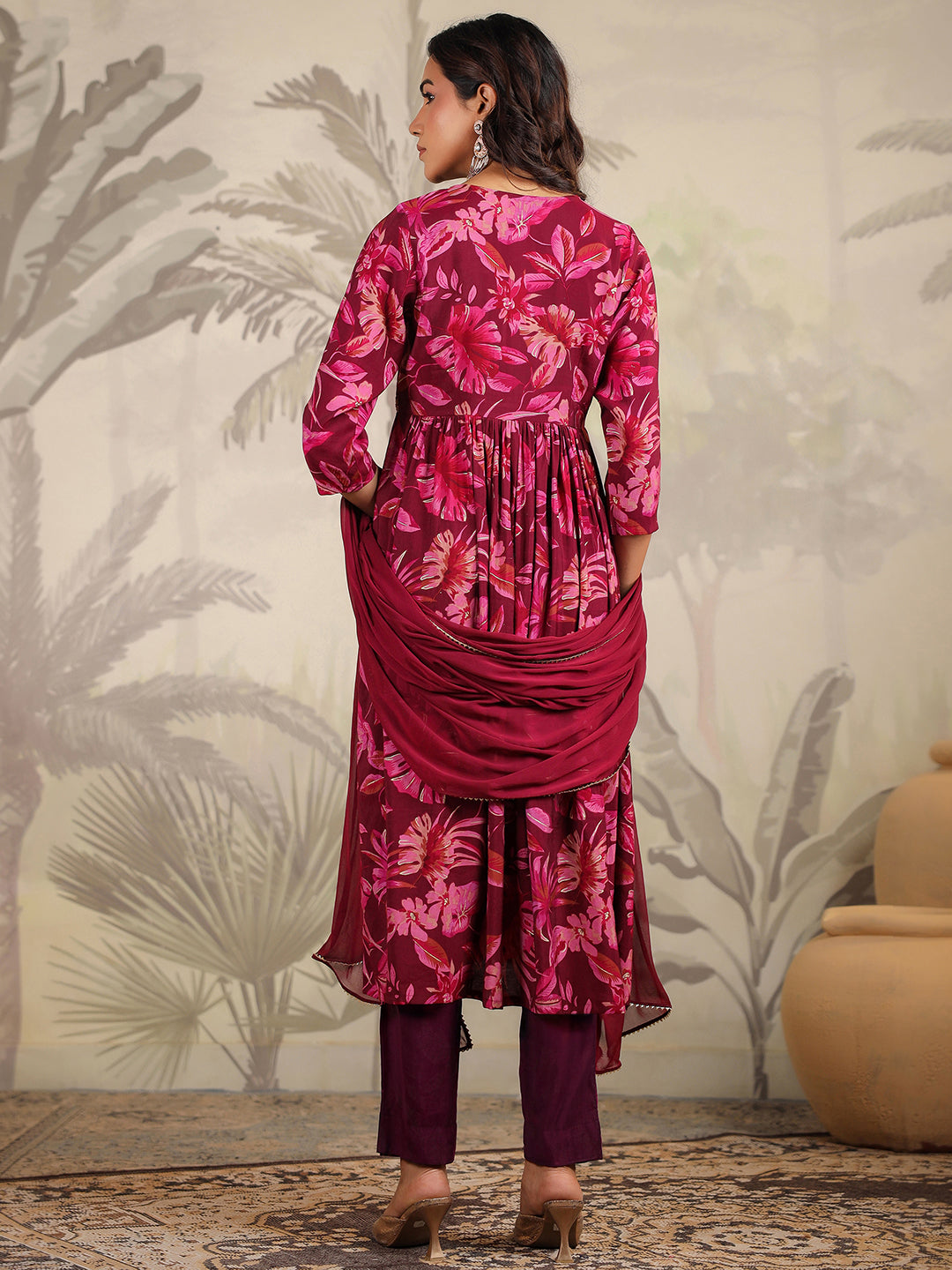 Wine Chanderi All-Over Floral A-Line Kurta Set