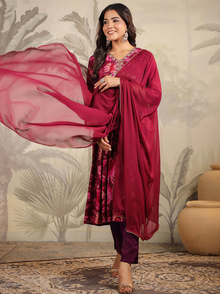 Wine Chanderi All-Over Floral A-Line Kurta Set