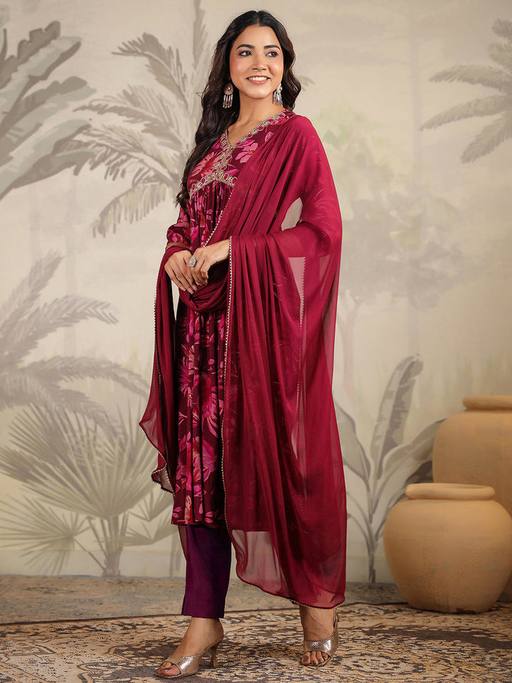 Wine Chanderi All-Over Floral A-Line Kurta Set