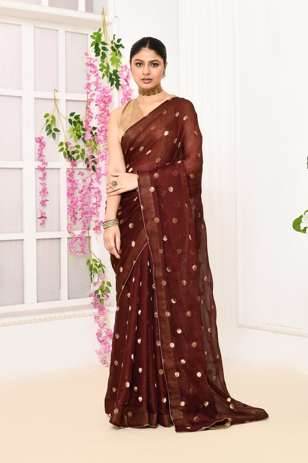 Wine-Chiffon-Tissue-Saree-With-Golden-Polka-Dots