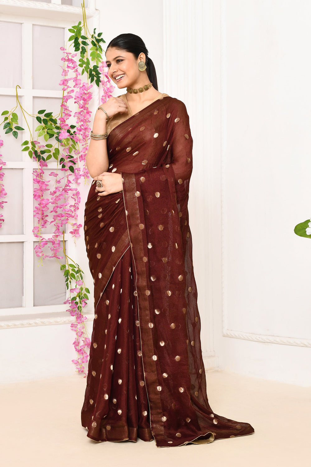 ZERESOUQ-Wine-Chiffon-Tissue-Saree-With-Golden-Polka-Dots