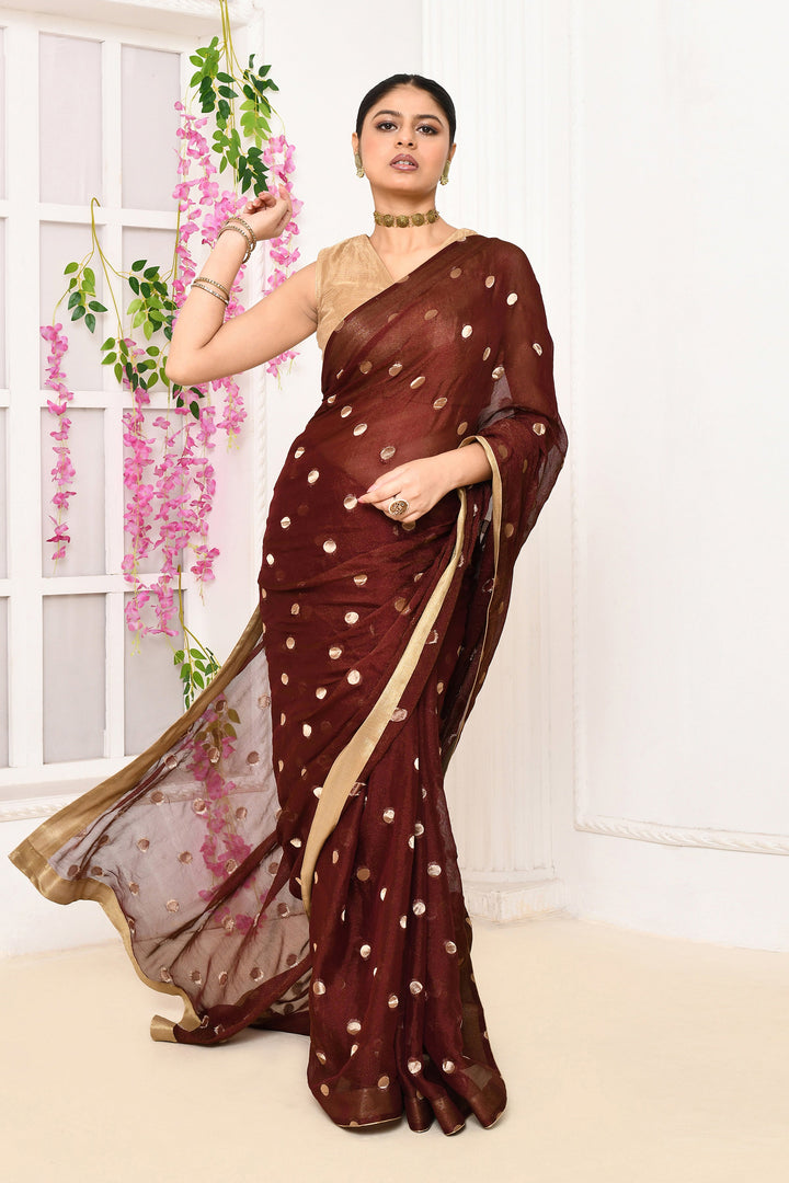 Wine-Chiffon-Tissue-Saree-With-Golden-Polka-Dots