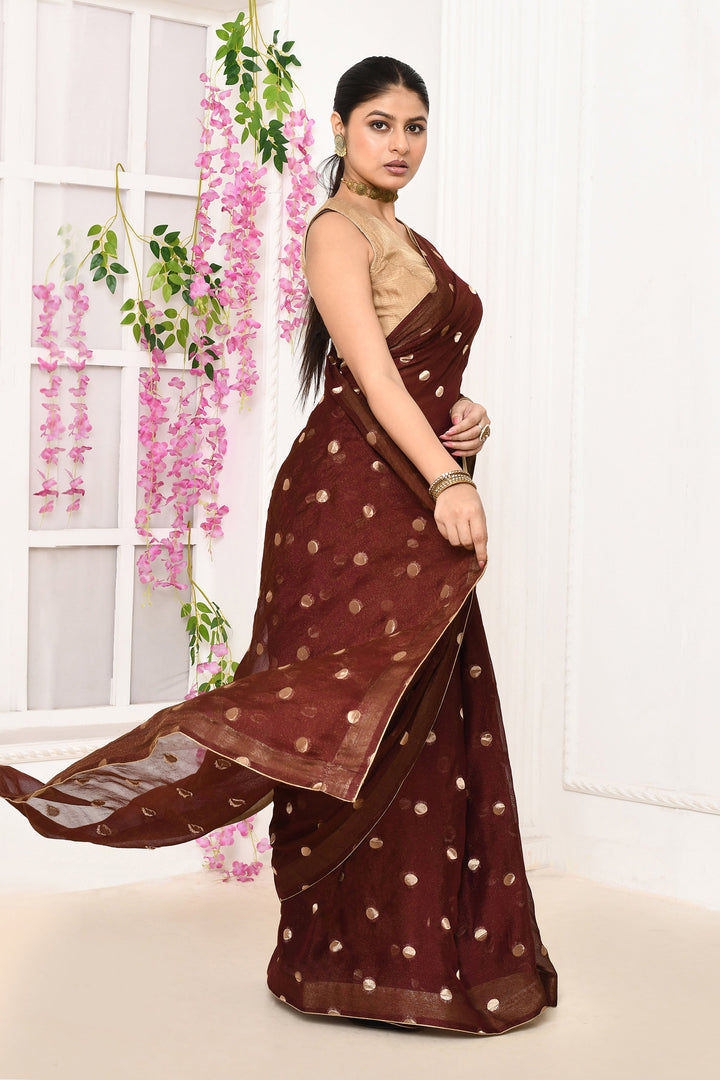 Wine-Chiffon-Tissue-Saree-With-Golden-Polka-Dots