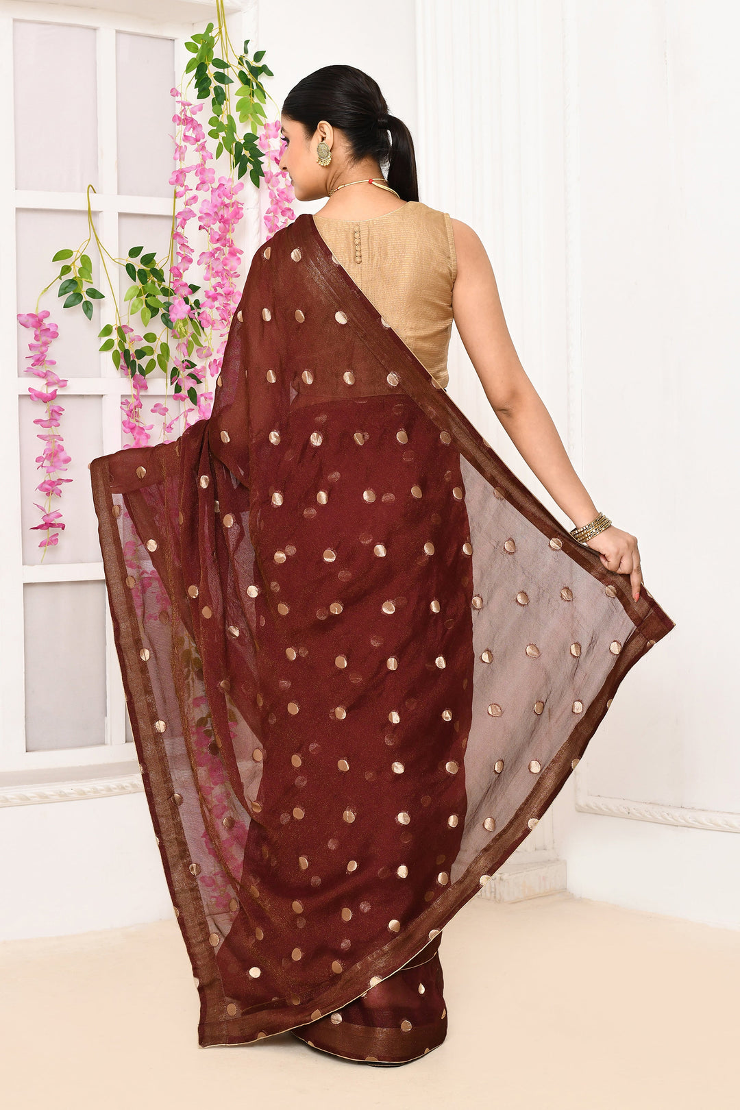 Wine-Chiffon-Tissue-Saree-With-Golden-Polka-Dots