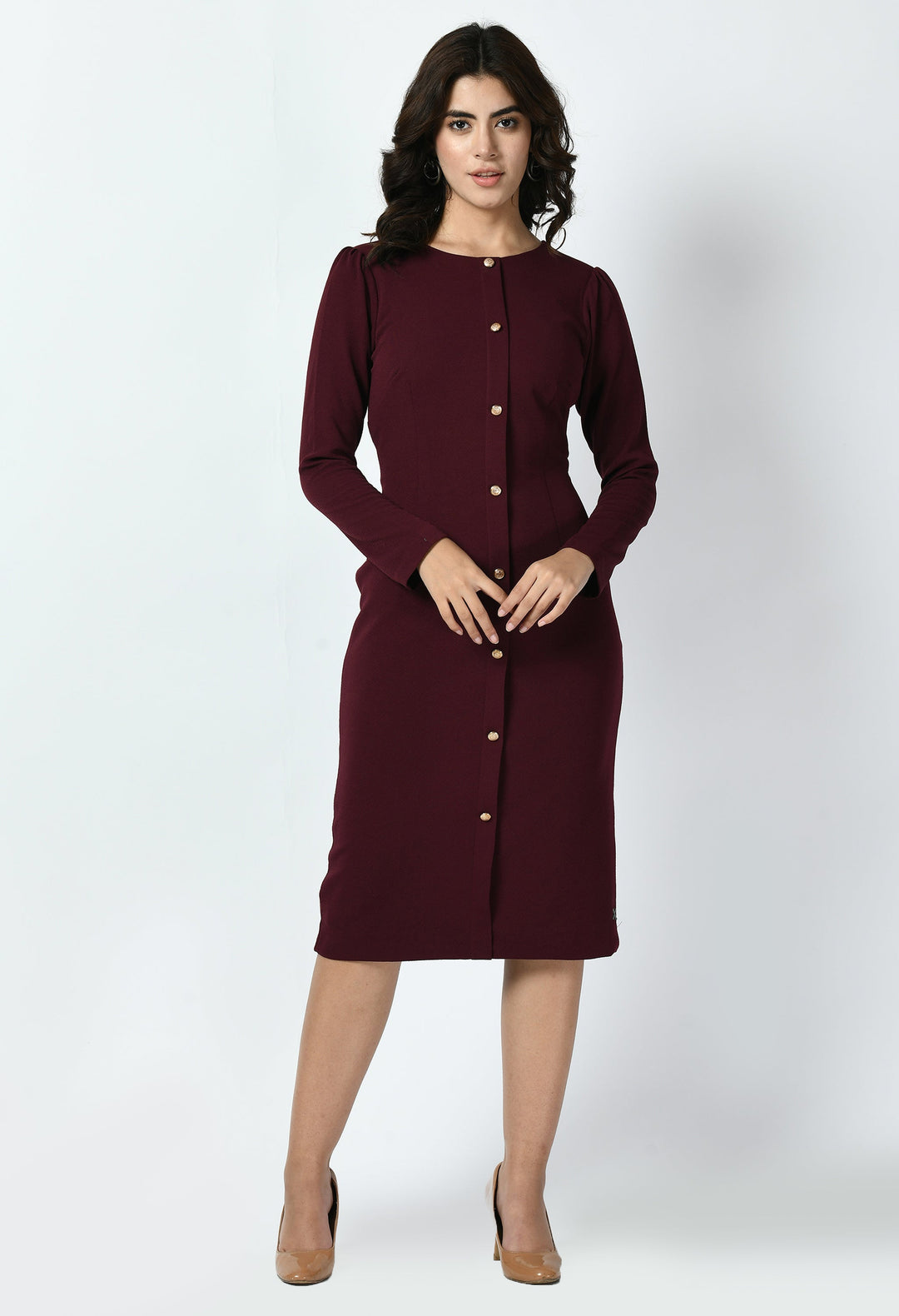 Wine-Cotton-Blend-Acme-Button-Down-Midi-Sheath-Dress