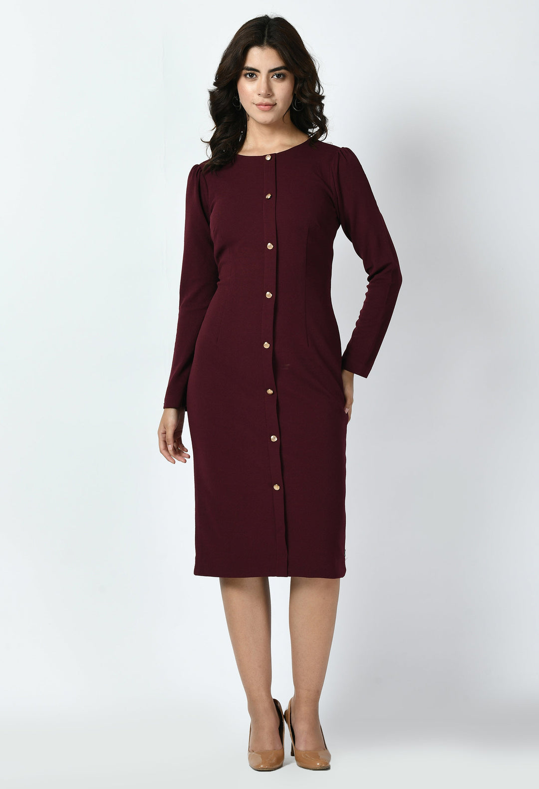 Wine-Cotton-Blend-Acme-Button-Down-Midi-Sheath-Dress