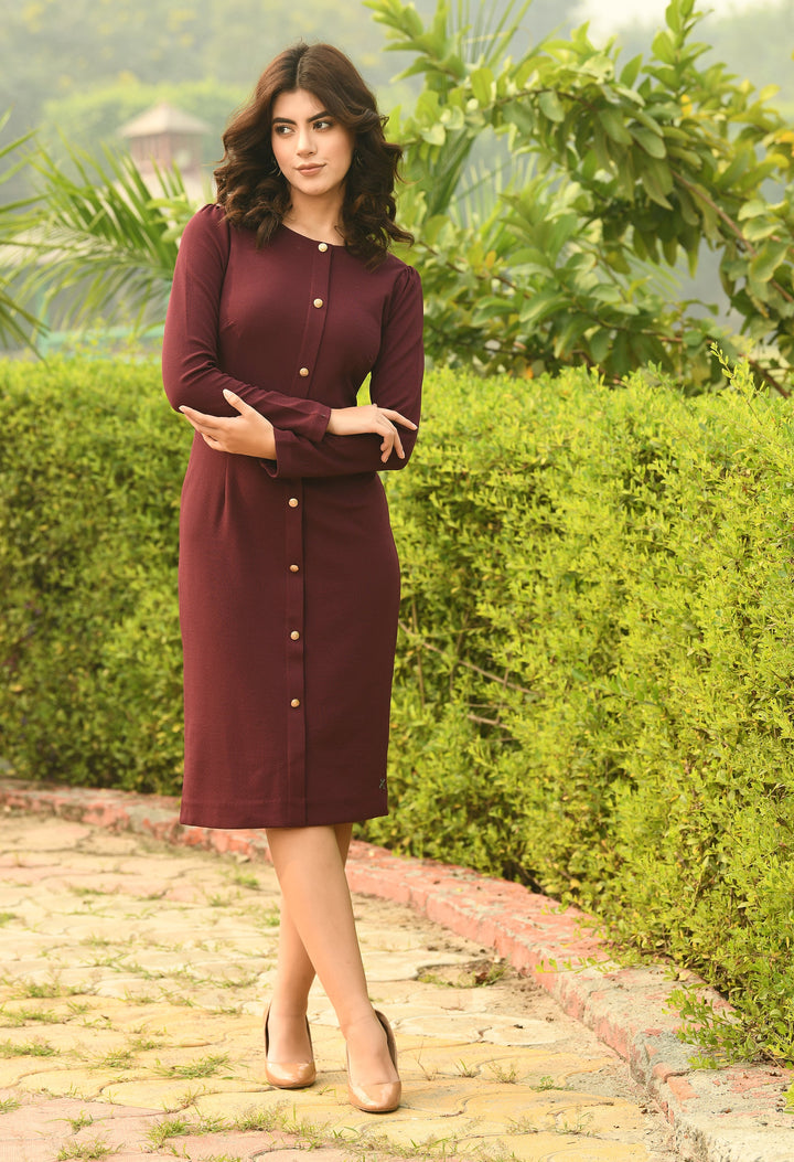 Wine-Cotton-Blend-Acme-Button-Down-Midi-Sheath-Dress