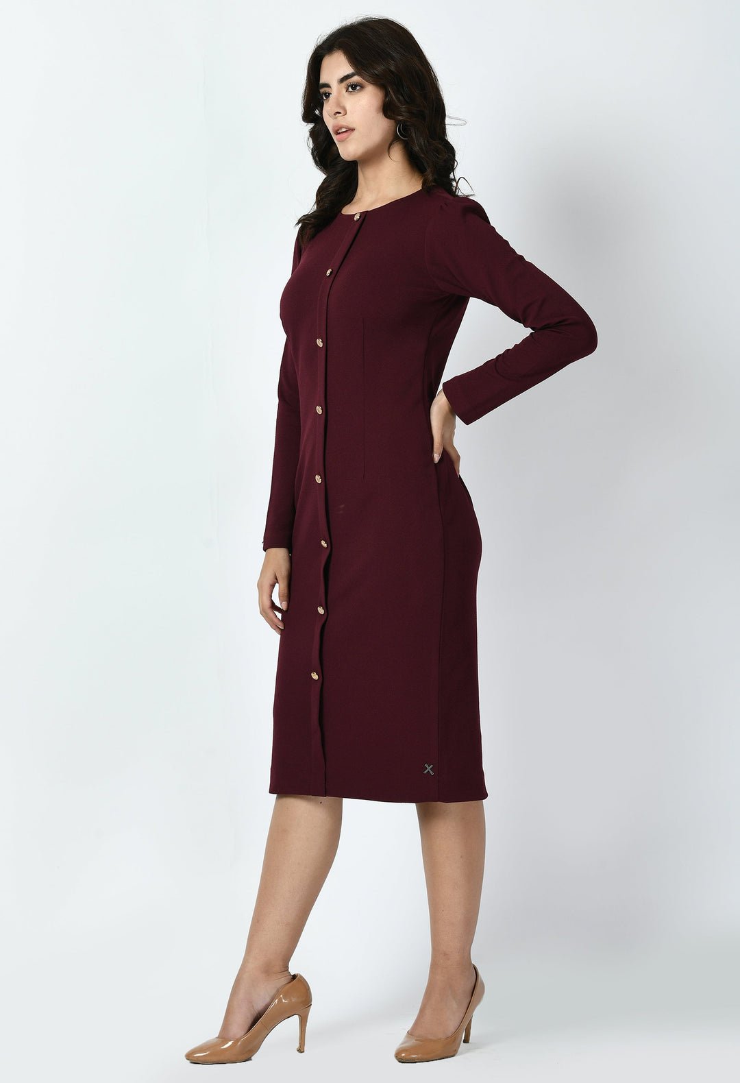 Wine-Cotton-Blend-Acme-Button-Down-Midi-Sheath-Dress