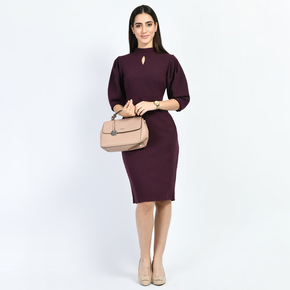 Wine-Cotton-Blend-Allure-Puffed-Sleeves-Sheath-Dress