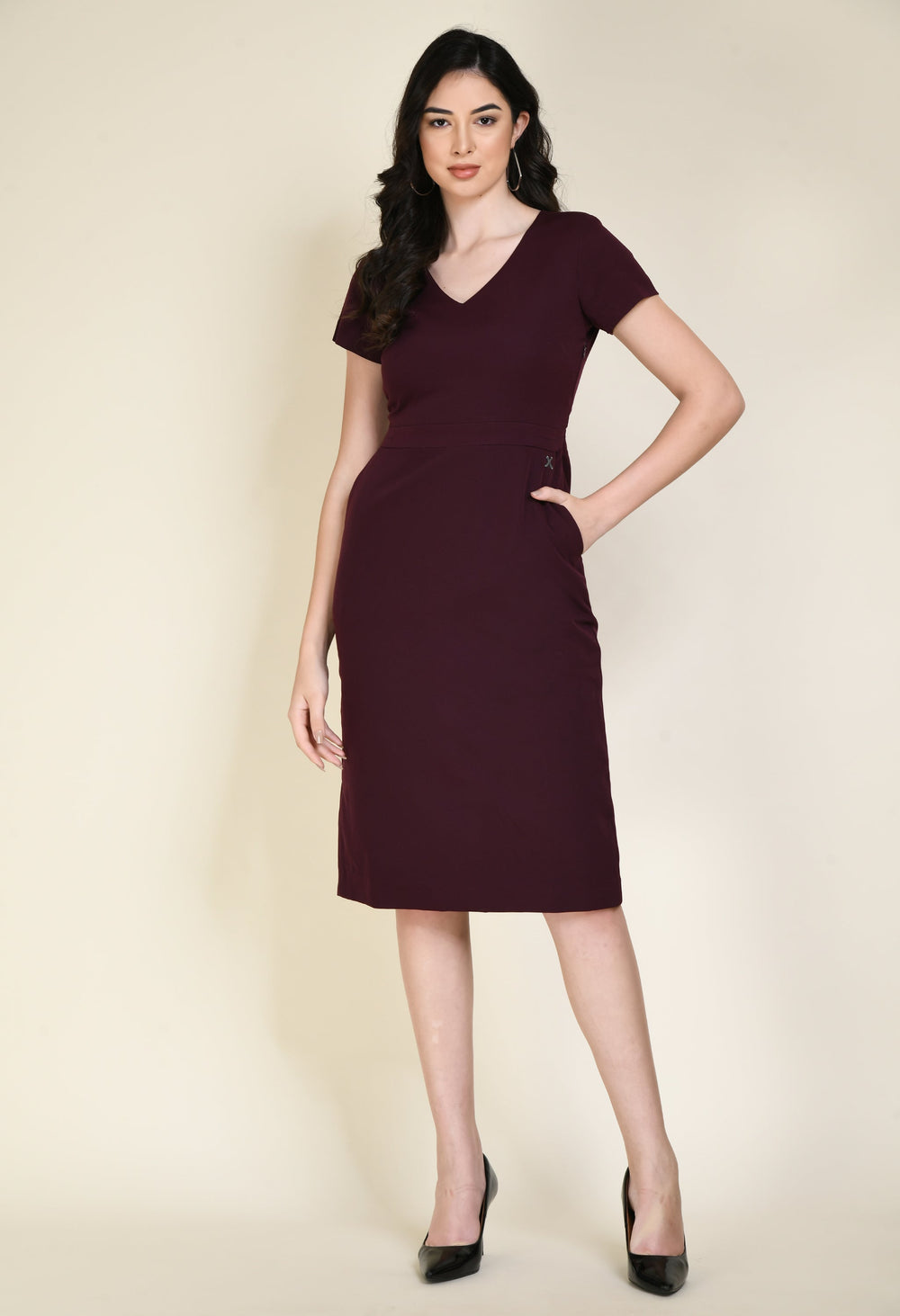 Wine-Cotton-Blend-Composure-Sheath-Dress