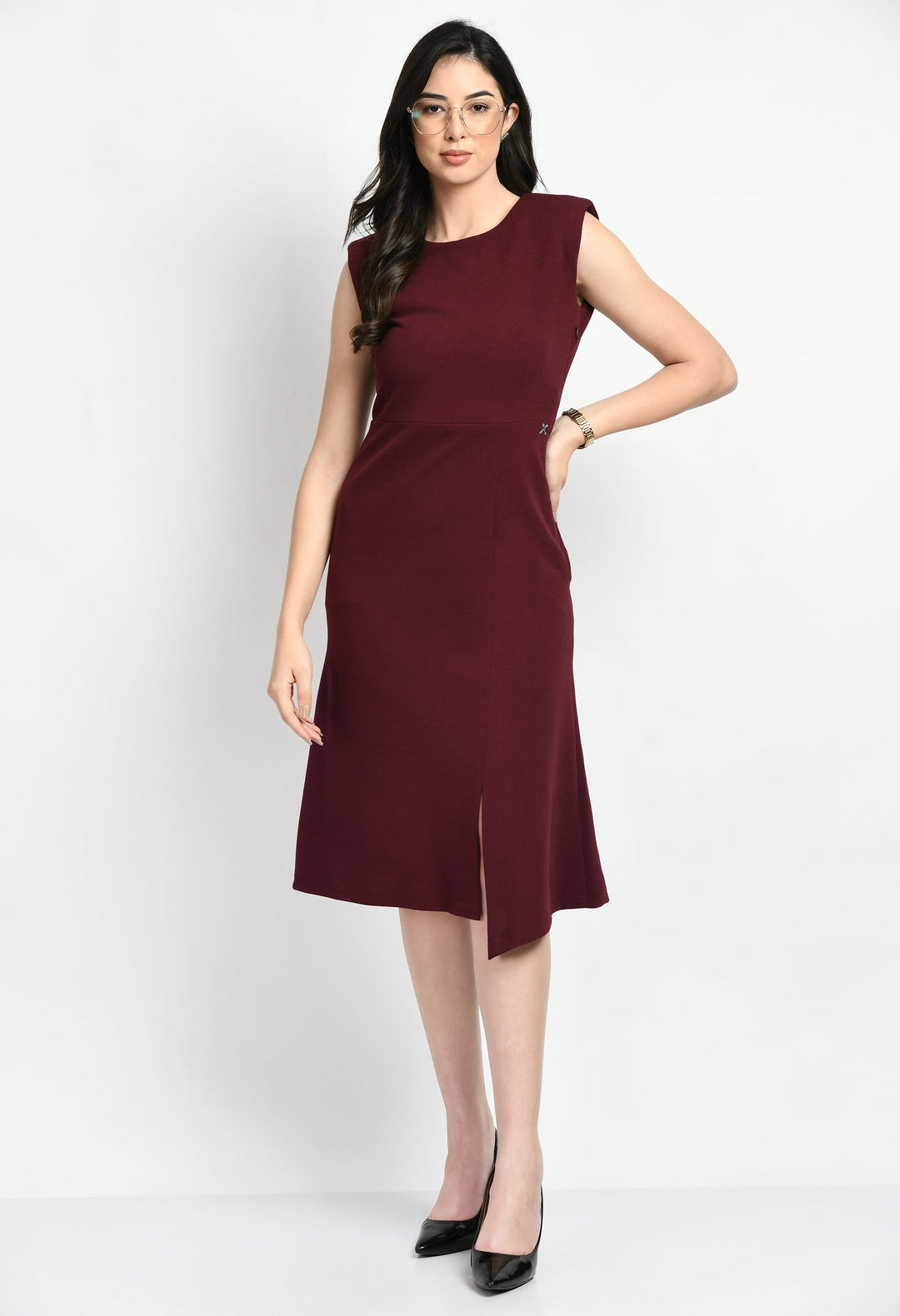 Wine-Cotton-Blend-Finesse-Asymmetrical-A-Line-Dress