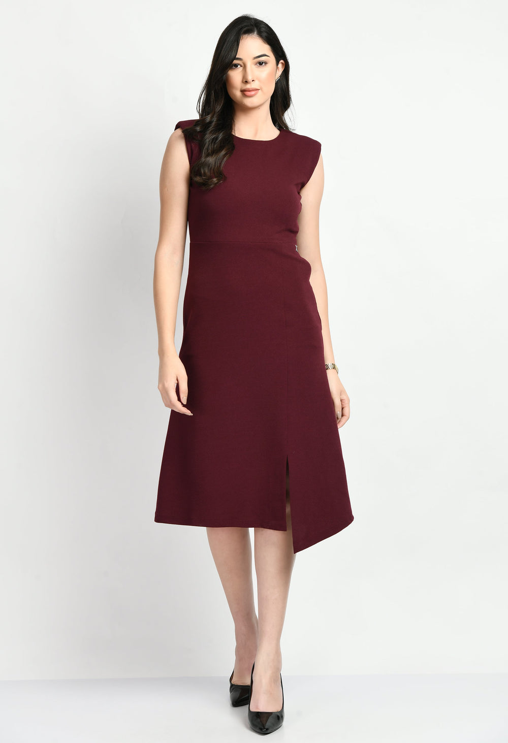 Wine-Cotton-Blend-Finesse-Asymmetrical-A-Line-Dress