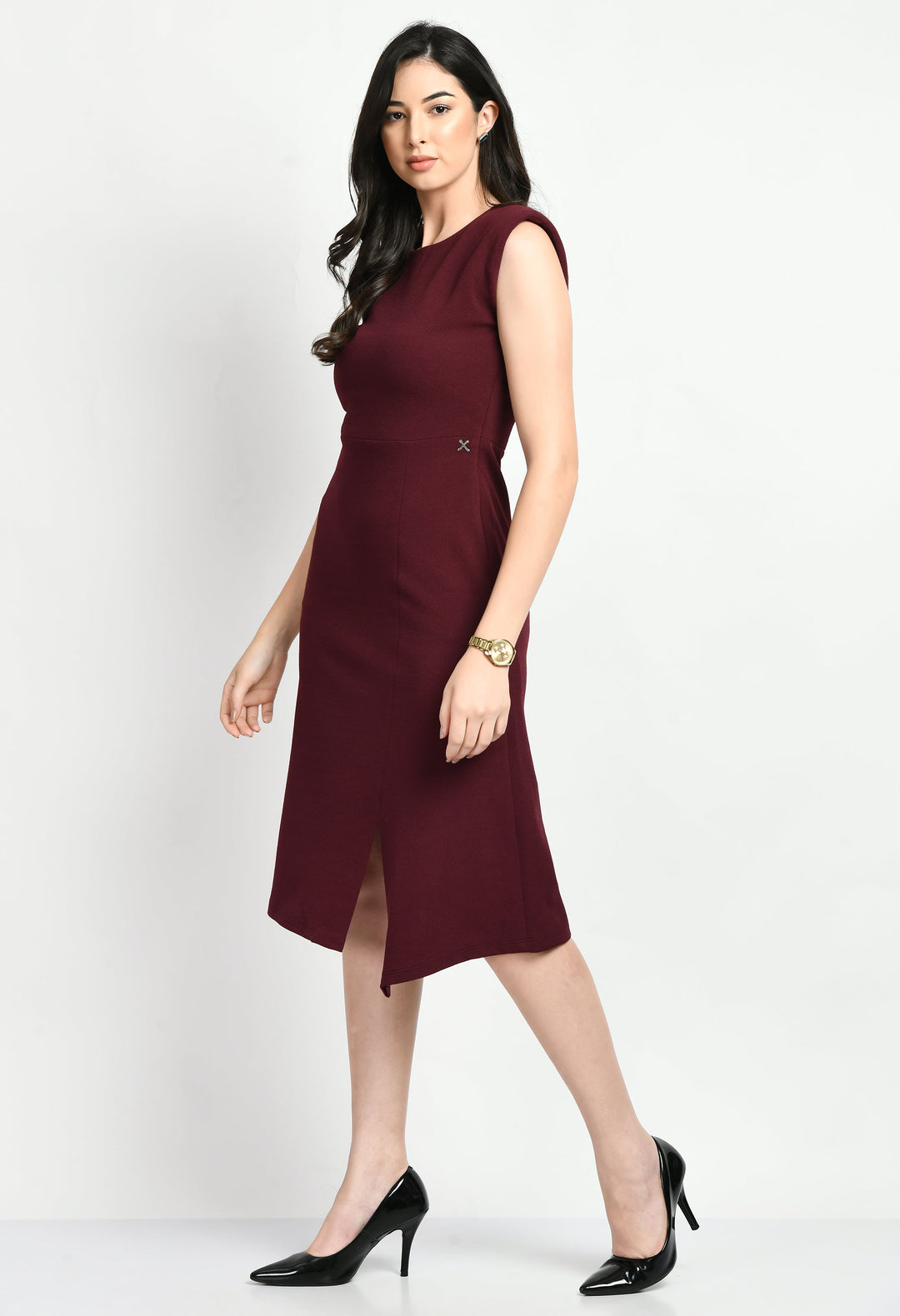 Wine-Cotton-Blend-Finesse-Asymmetrical-A-Line-Dress