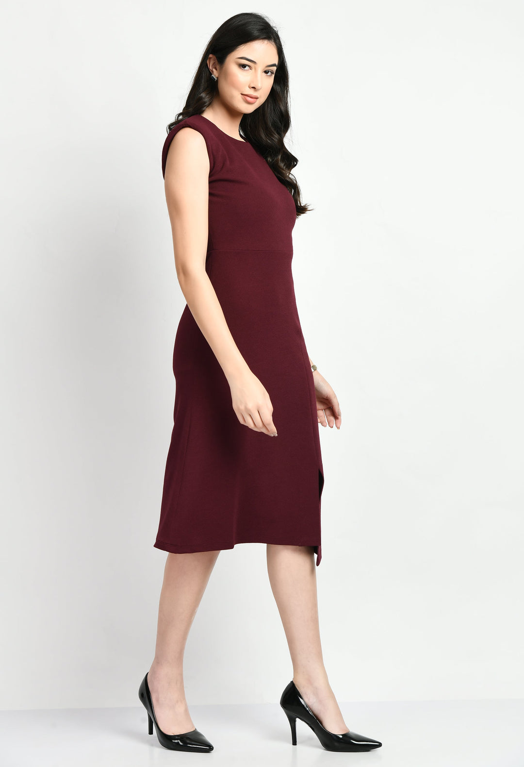 Wine-Cotton-Blend-Finesse-Asymmetrical-A-Line-Dress