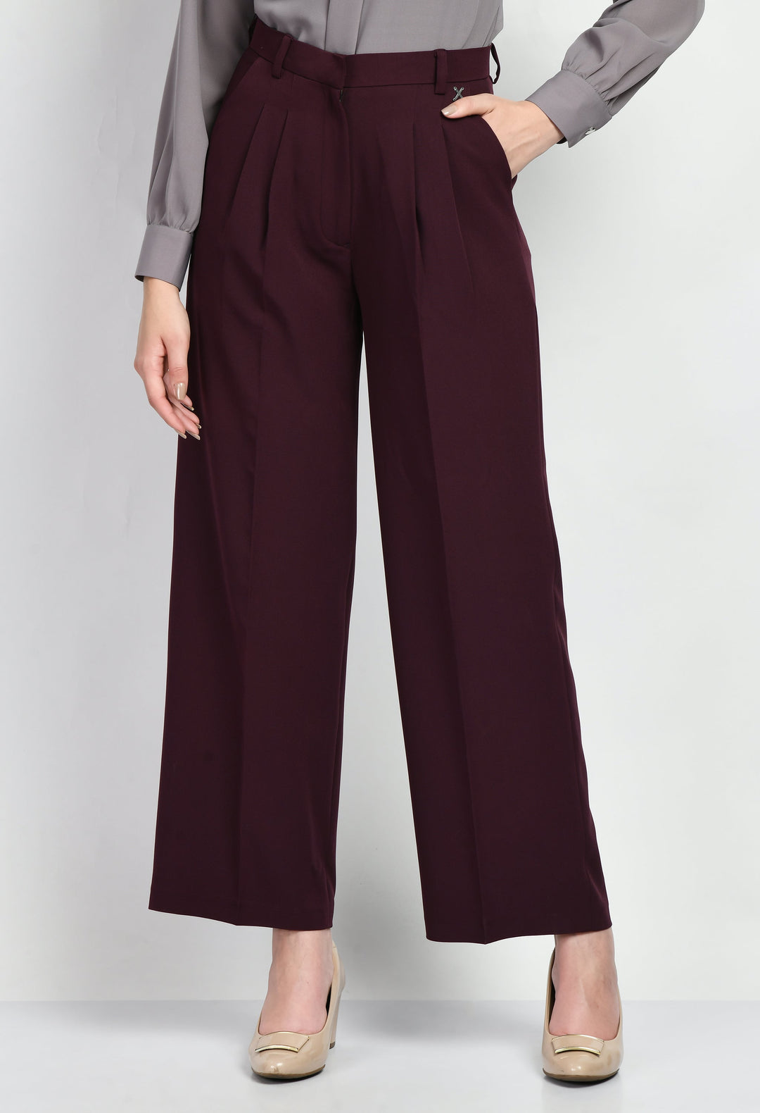 Wine-Cotton-Blend-Influence-Solid-Wide-Leg-Trouser