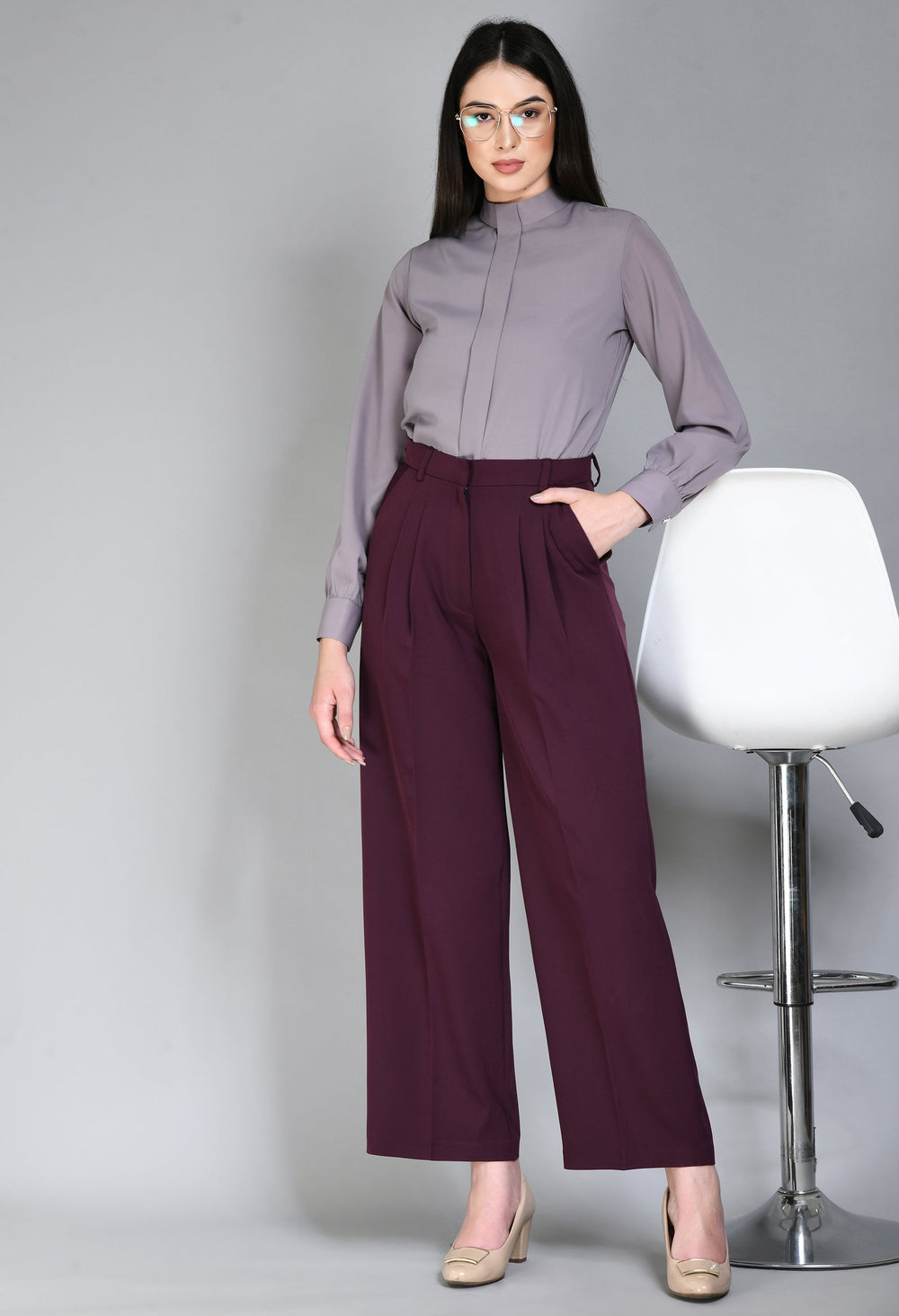 Wine-Cotton-Blend-Influence-Solid-Wide-Leg-Trouser