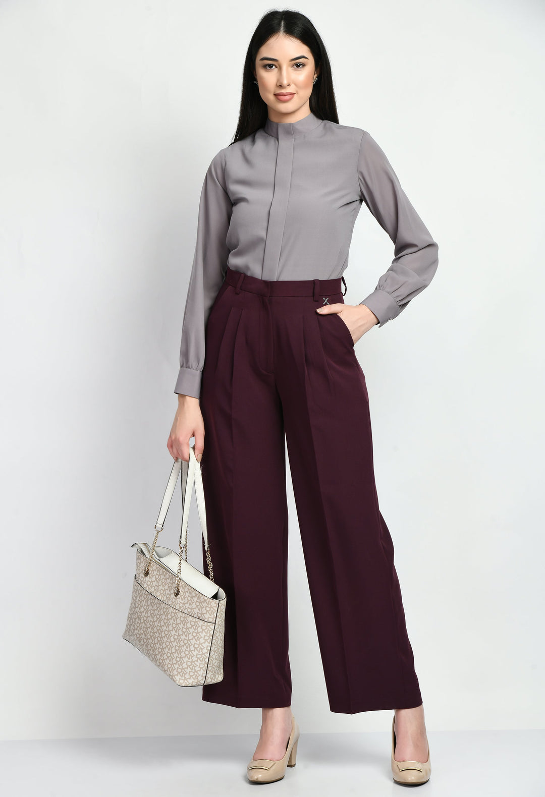 Wine-Cotton-Blend-Influence-Solid-Wide-Leg-Trouser