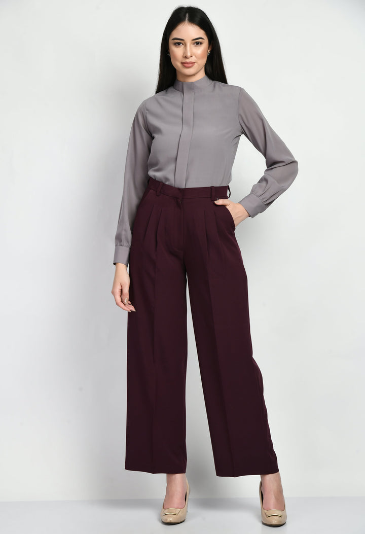 Wine-Cotton-Blend-Influence-Solid-Wide-Leg-Trouser