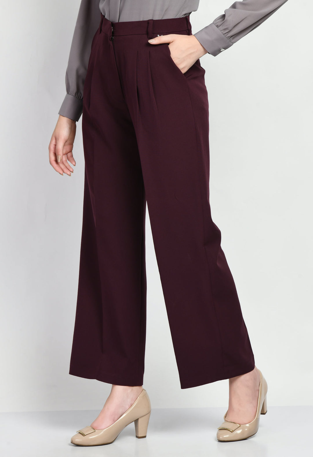 Wine-Cotton-Blend-Influence-Solid-Wide-Leg-Trouser