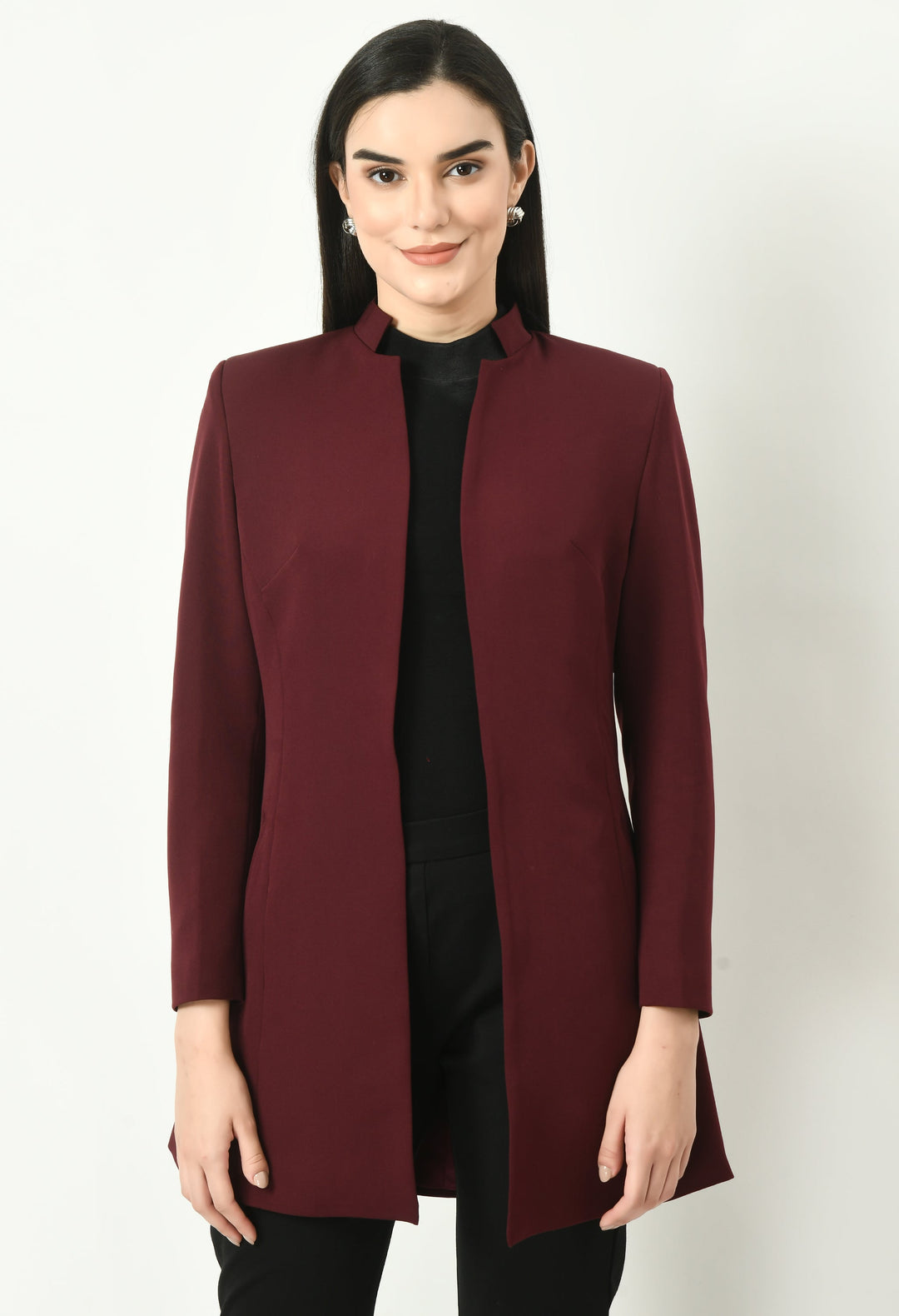 Wine-Cotton-Blend-Supremacy-Solid-Long-Blazer