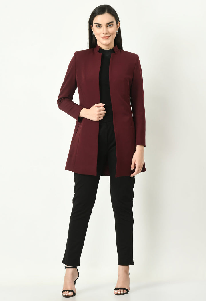 Wine-Cotton-Blend-Supremacy-Solid-Long-Blazer