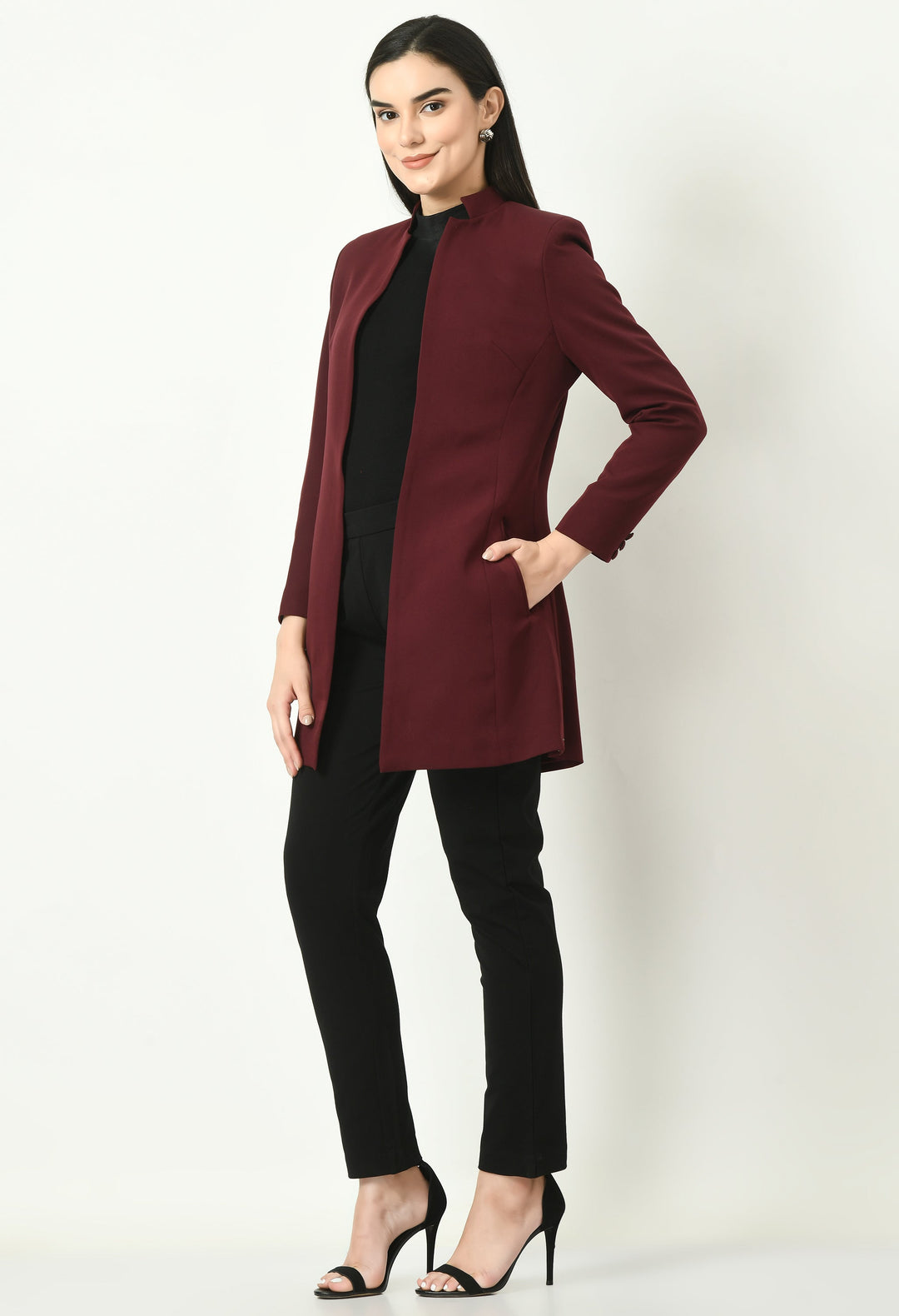 Wine-Cotton-Blend-Supremacy-Solid-Long-Blazer