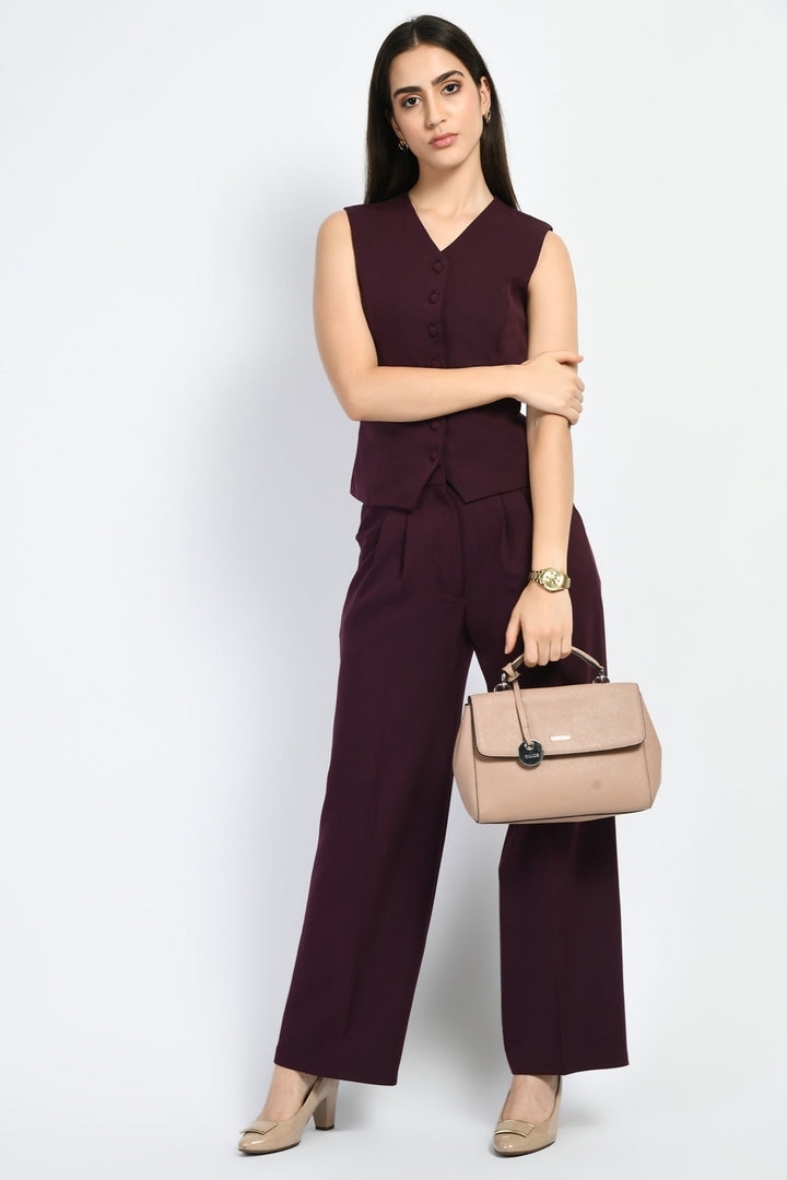 Wine-Elusiveness-Solid-Trouser-Coat-Top-Co-Ord-Set