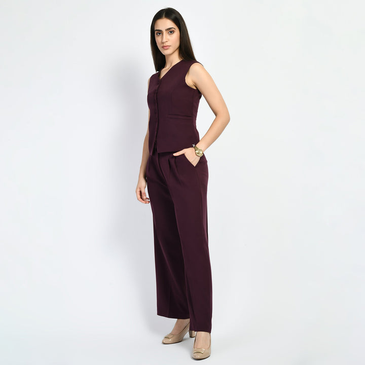 Wine-Elusiveness-Solid-Trouser-Coat-Top-Co-Ord-Set