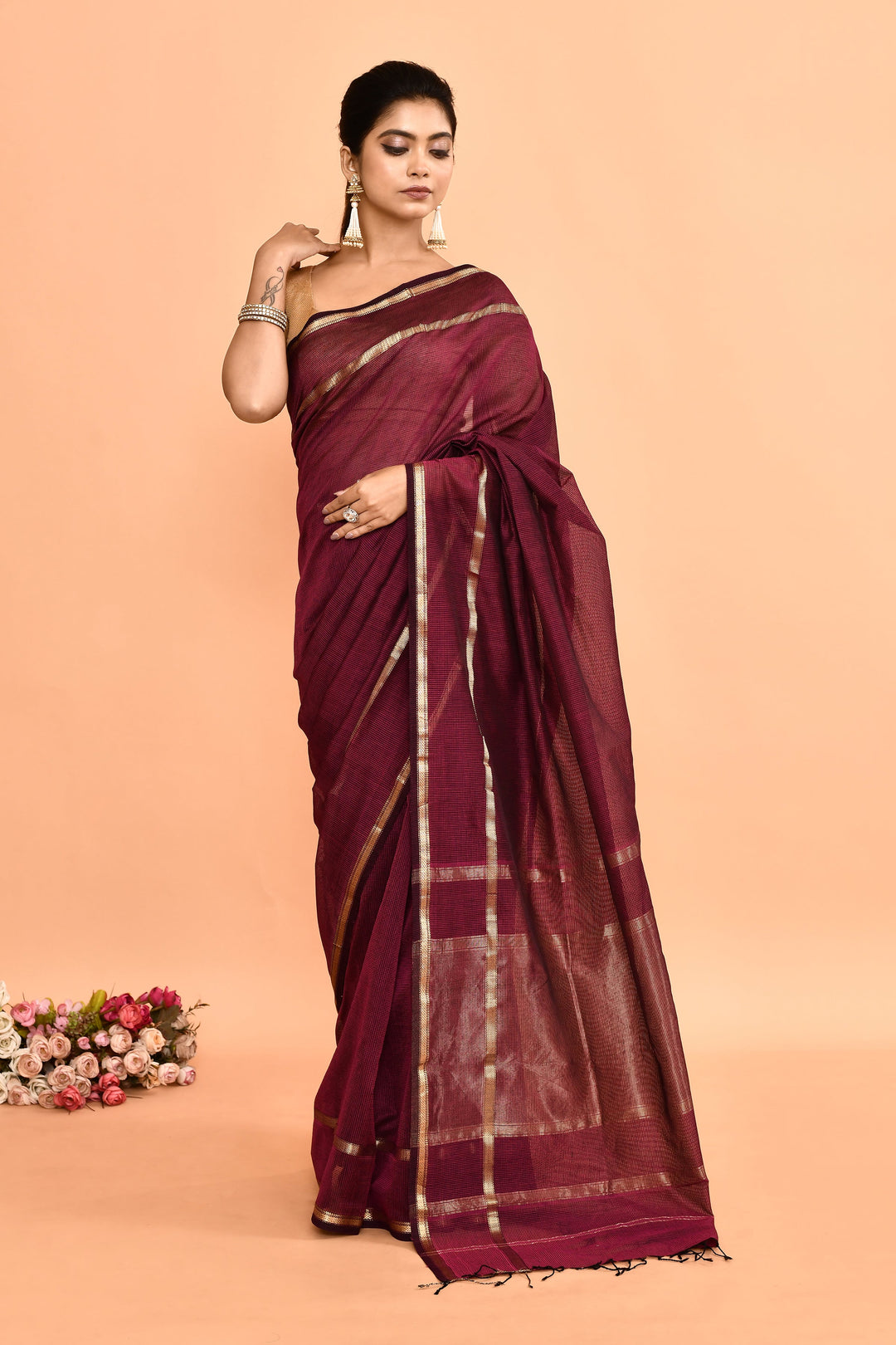 Wine-Maheshwari-Double-Border-Check-Saree